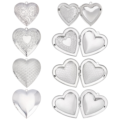 8Pcs 4 Styles 304 Stainless Steel Locket Pendants, Photo Frame Charms for Necklaces, Heart