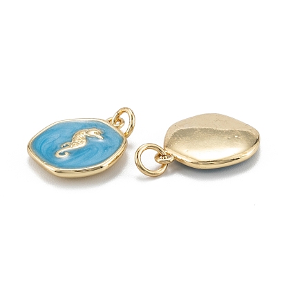 Brass Enamel Pendants, with Jump Rings, Long-Lasting Plated, Flat Round with Sea Horse, Deep Sky Blue