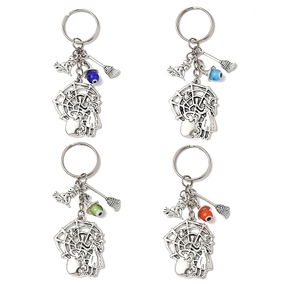 Брелки-подвески из сплава лэмпворк, с железными разрезными брелоками, ведьма и паутина и метла, античное серебро