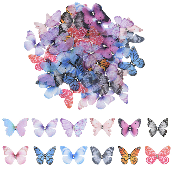 60 шт. 12 цвета полиэстеровые аксессуары для украшения в виде бабочки, со стразами