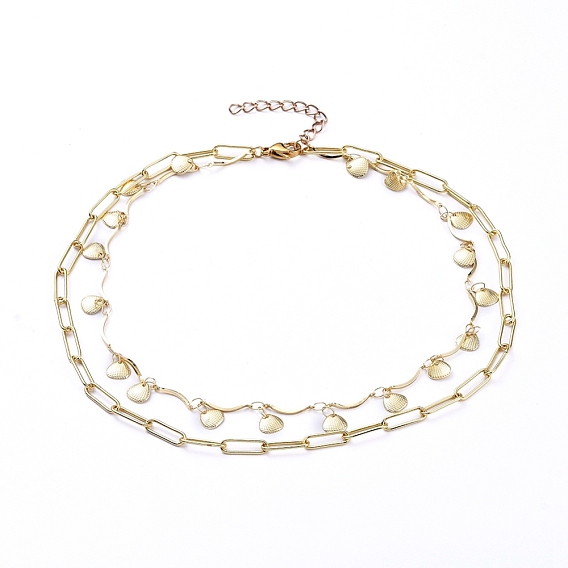 Brass Chain Tiered Necklaces, Double Layer Necklaces, with Bar Link Chains, Paperclip Chains and Lobster Claw Clasps, Scallop Shape