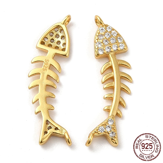 925 Sterling Silver Micro Pave Clear Cubic Zirconia Connector Charms, Fishbone Links, with 925 Stamp