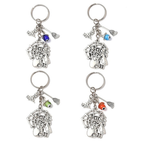 Брелки-подвески из сплава лэмпворк, с железными разрезными брелоками, ведьма и паутина и метла, античное серебро