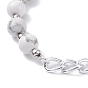 Natural Mixed Stone Round Beaded Bracelets Set with Curb Chain for Men Women, Silver