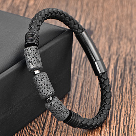 Column Natuarl Lava Rock Braided Imitation Leather Cord Bracelets with Magnetic Clasps for Men