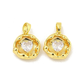 Brass Micro Pave Clear Cubic Zirconia Pendants, Flat Round with Heart Pattern Charms