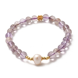 Natural Purple Lodolite Quartz Bead Bracelets, with Sterling Silver Beads and Pearl Beads, Real 18K Gold Plated
