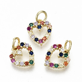 Brass Micro Pave Colorful Cubic Zirconia Charms, with Jump Rings, Nickel Free, Heart