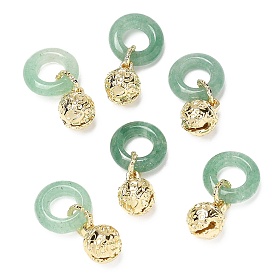 Natural Green Aventurine Donut Pendant Decorations, with Brass Bell Charm