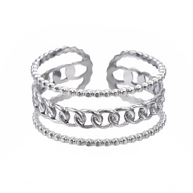304 Stainless Steel Curb Chain Open Cuff Ring, Chunky Hollow Ring for Women