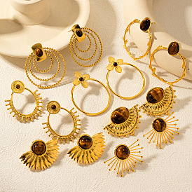 304 Серьги-гвоздики из нержавеющей стали и натурального тигрового глаза, реальный 18 k позолоченный