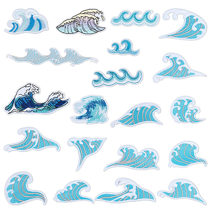 20Pcs Wave Theme Polyester Computerized Embroidery Patches, Iron on Sew on Appliques, Costume Accessories, for Clothes, Bag Pants, Shoes, Cellphone Case