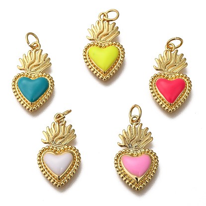 Golden Tone Brass Enamel Pendants, with Jump Rings, Long-Lasting Plated, Heart