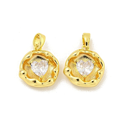 Brass Micro Pave Clear Cubic Zirconia Pendants, Cadmium Free & Nickel Free & Lead Free, Flat Round with Heart Pattern Charms