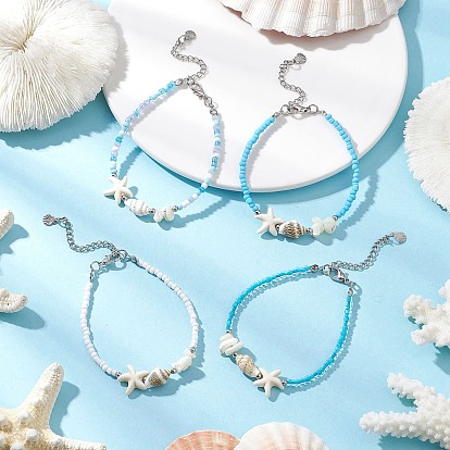 Браслеты из бисера, с бусинами из ракушек и синтетическими бусинами из магнезита, 304 концами из нержавеющей стали, застежками-лобстерами из цинкового сплава, железными наконечниками бусин, 316 подвесками из хирургической нержавеющей стали