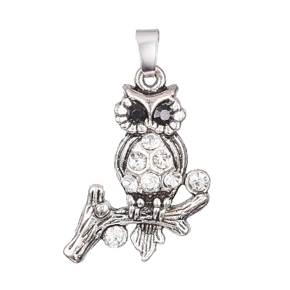 Antique Silver Plated Alloy Pendants, with Rhinestone, Owl