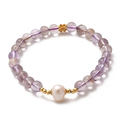 Natural Purple Phantom Quartz Purple Lodolite Quartz Bead Bracelets, with Sterling Silver Beads and Pearl Beads, Real 18K Gold Plated