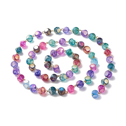 Handmade Electroplate Crackle Glass Beaded Chains, with Brass Findings, Frosted, Cube, Unwelded