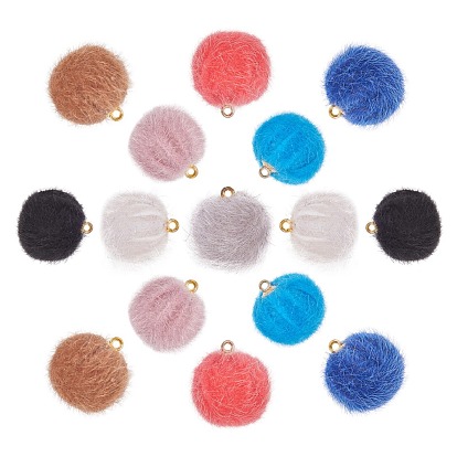 Faux Mink Fur Covered Pendants, with Golden Tone Brass Findings, Round