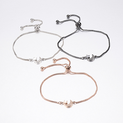 Adjustable Brass Micro Pave Cubic Zirconia Bolo Bracelets, Slider Bracelets, with Brass Box Chains, Star & Moon