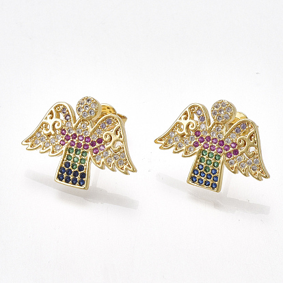 Brass Cubic Zirconia Stud Earrings, with Ear Nuts, Angel