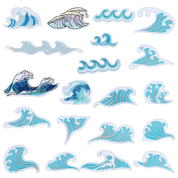 20Pcs Wave Theme Polyester Computerized Embroidery Patches, Iron on Sew on Appliques, Costume Accessories, for Clothes, Bag Pants, Shoes, Cellphone Case