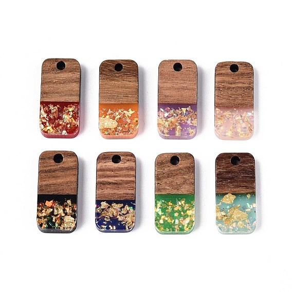Подвески из непрозрачной смолы и орехового дерева, прямоугольник амулеты, с блестящей пудрой и золотой фольгой