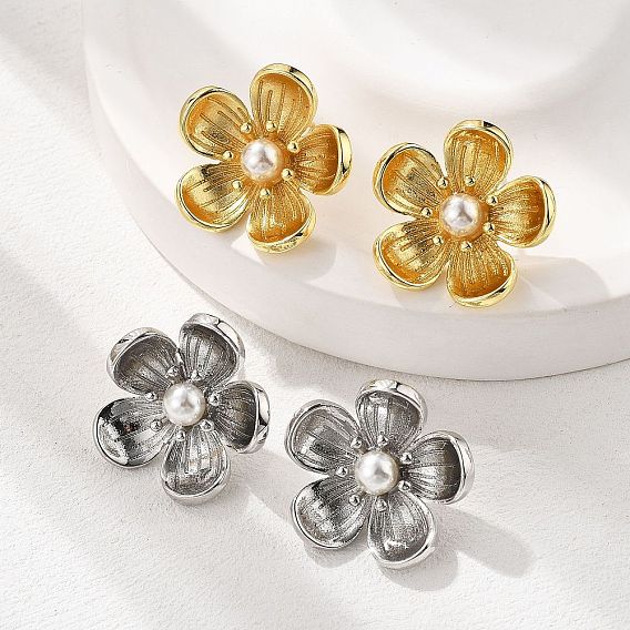 Серьги-гвоздики из латуни, АБС-пластика, искусственный жемчуг, цветок, долговечный, без свинца и без кадмия