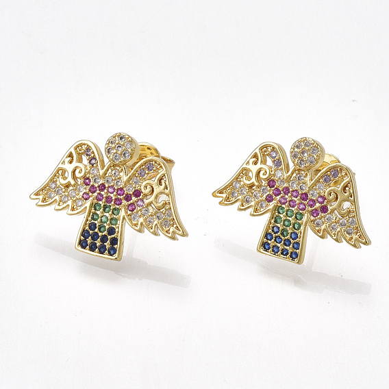 Brass Cubic Zirconia Stud Earrings, with Ear Nuts, Angel