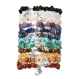 12Pcs 12 Styles Mixed Gemstone Chip Beaded Stretch Bracelet Sets, Alloy Charm Stackable Bracelets, Mixed Shapes