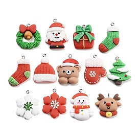 Christmas Theme Opaque Resin Pendants, with Platinum Tone Iron Loops, Wreath/Santa Claus/Box/Socking/Hat/Bear/Glove/Tree/Snowflake/Snowman/Deer