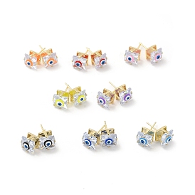 Square Glass with Enamel Evil Eye Stud Earrings, Real 18K Gold Plated Brass Jewelry for Women
