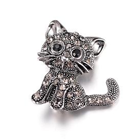 Cat Shape Pins, Alloy Rhinestone Brooches, Antique Silver