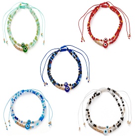 Ensembles de bracelets de perles tressés avec cordon de nylon réglable, avec le mal de perles au chalumeau des yeux, perles de rocaille en verre fgb, perles de verre dépoli et perles de laiton texturées