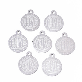 Pendentifs en acier inoxydable, Coupe au laser, plat et circulaire avec le mot amour