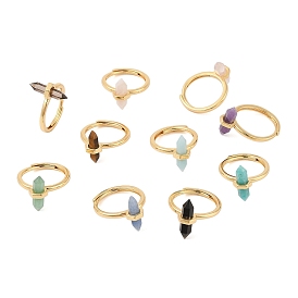 Double Pointed Hexagonal Prism Natural Gemstone Adjustable Rings for Women, Ion Plating(IP) Brass Rings, Golden