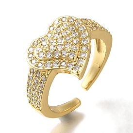 Rack Plating Heart Brass Clear Cubic Zirconia Open Cuff Rings, Cadmium Free & Lead Free, Long-Lasting Plated, for Women