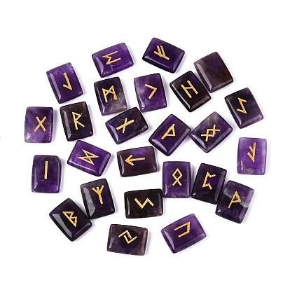 25 шт. прямоугольные натуральные аметистовые рунические камни с гравировкой алфавита старшего футарка