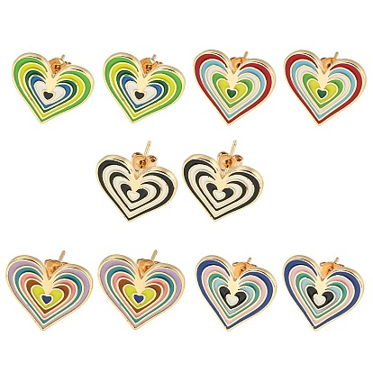 Pendientes de botón de latón dorado con forma de corazón, con esmalte