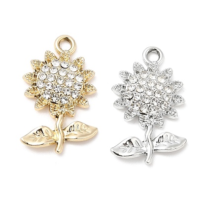 UV Plating Alloy Rhinestone Pendants, Cadmium Free & Lead Free, Sunflower Charms