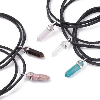 Collar con colgante de piedra mixta natural de bala de doble punta, collar de cordón de espuma para hombres y mujeres, negro
