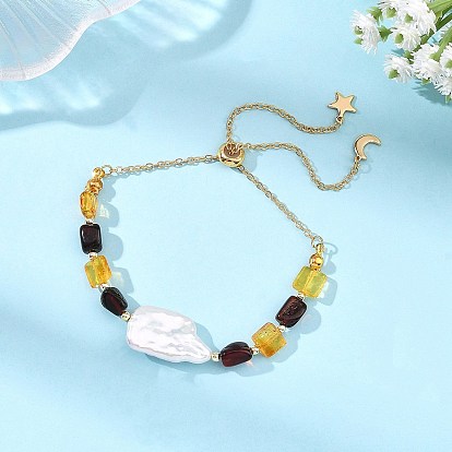 Verstellbare Armbänder mit rechteckigen, natürlichen Barock-Keshi-Perlen und Schiebeverschlüssen aus natürlichen Bernsteinperlen, mit Messingkabelketten