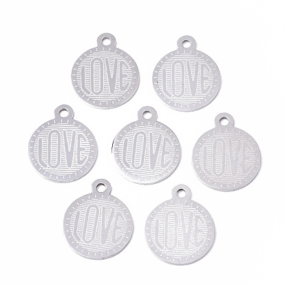 Pendentifs en acier inoxydable, Coupe au laser, plat et circulaire avec le mot amour