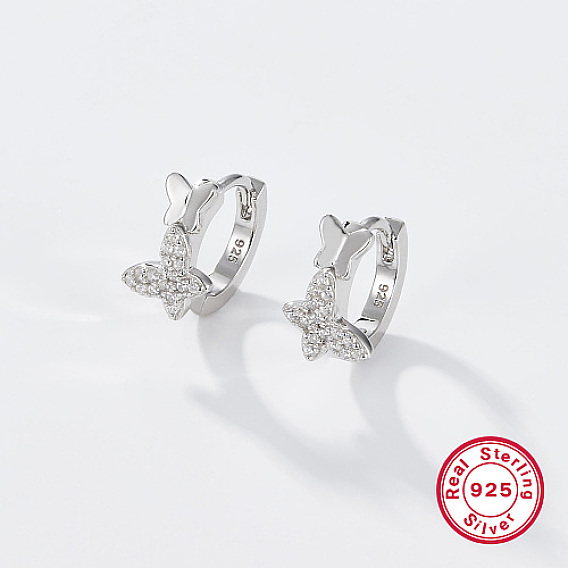 Rhodium Plated Platinum Plated 925 Sterling Silver Hoop Earrings, Cubic Zirconia Butterfly Earrings, with 925 Stamp