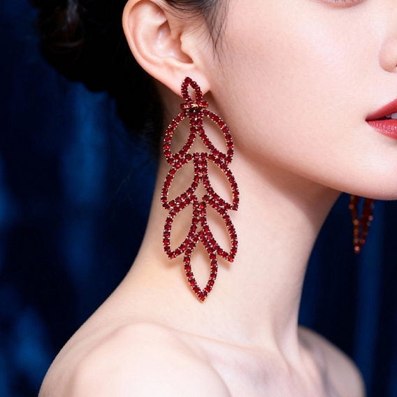 Латунь болтаться серьги, полый лист, со стразами