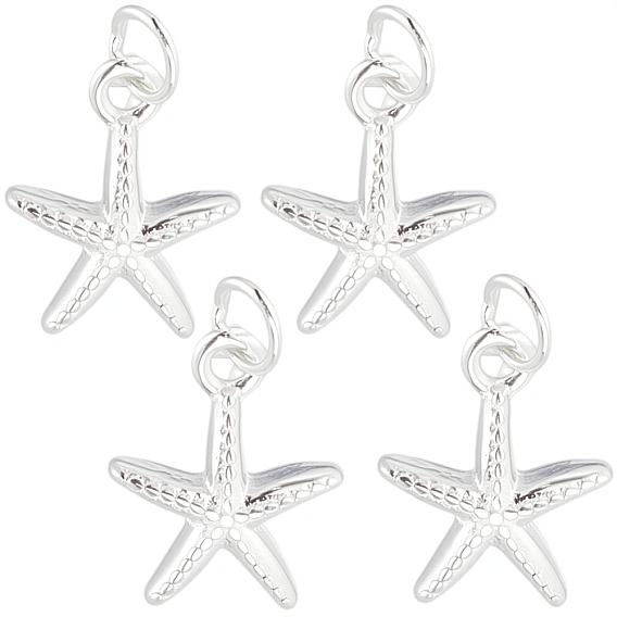 4Pcs Ocean 925 Sterling Silver Starfish Charms, with Jump Rings and 1 Sheet Double Sided Suede Fabric Silver Polishing Cloth