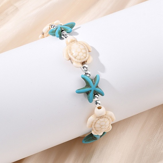 Регулируемые браслеты из окрашенной синтетической бирюзы и немагнитных синтетических гематитовых бусин, плетеные из бусин, для женщин и мужчин., морская черепаха и морская звезда