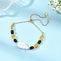 Adjustable Natural Baroque Keshi Pearl Rectangle and Natural Amber Beaded Slider Bracelets, with Brass Cable Chains