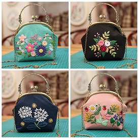 DIY Flower Pattern Kiss Lock Handbag Embroidery Kits, Including Printed Cotton Fabric, Embroidery Thread & Needles, Embroidery Hoop