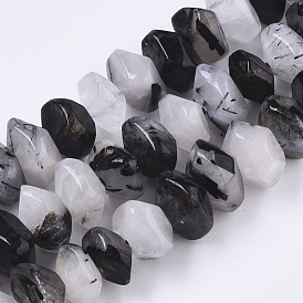 Natural Black Rutilated Quartz Beads Strands, Nuggets, Faceted
